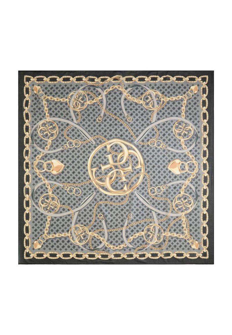 Silk scarf featuring a gold chain and logo pattern on a gray background, bordered with a contrasting black edge.