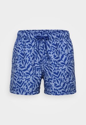 Blå svømmedragter med et blad- og geometrisk mønster i mørkere blå nuancer, lavet af letvægtsstof med elastisk talje og snørelukning.