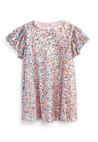 Paljettklänning med rosa bas och multikolorade paljetter, flygande ärmar och rund halsringning. Bakre stängning synlig.