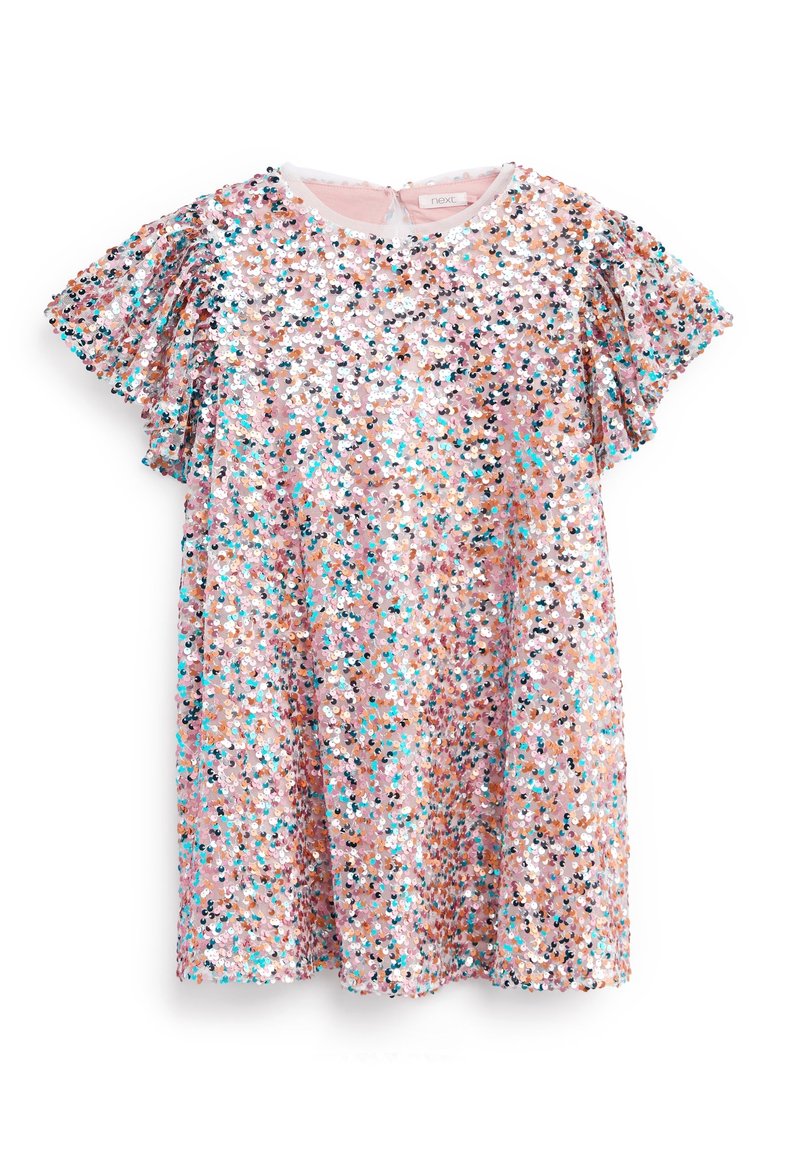 Paljettklänning med rosa bas och multikolorade paljetter, flygande ärmar och rund halsringning. Bakre stängning synlig.