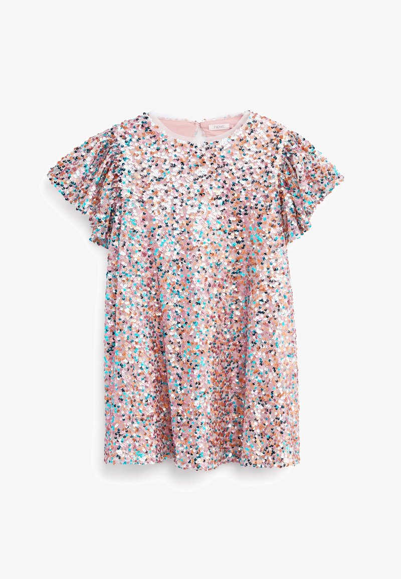 Paljettklänning med rosa bas och multikolorade paljetter, flygande ärmar och rund halsringning. Bakre stängning synlig.