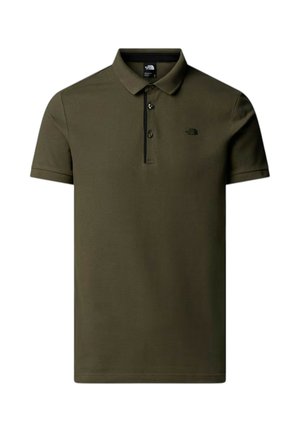 Polo uomo verde oliva a maniche corte con colletto e patta con tre bottoni, con piccolo logo nero The North Face sul petto a sinistra.
