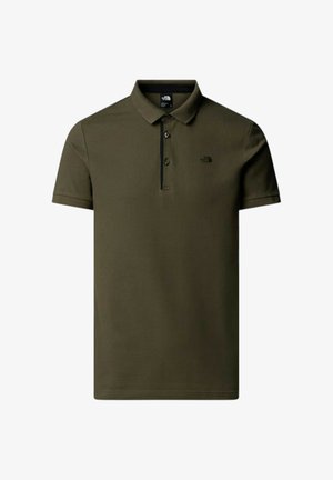 Polo para hombre de manga corta en color verde oliva con cuello y tapeta de tres botones, con un pequeño logo negro de North Face en el pecho izquierdo.