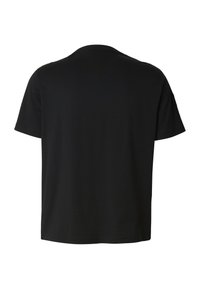 Juoda trumpomis rankovėmis medvilninė marškinėliai su apvalia iškirpte, pagaminti iš lygaus audinio, turintys paprastą, minimalistinį dizainą be matomų logotipų ar raštų.