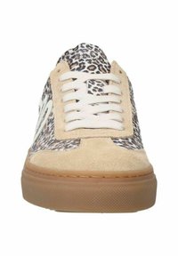 Leopard print sneakers with beige suede accents, white laces, a round toe, and a textured gum rubber sole. Suitable for casual wear.