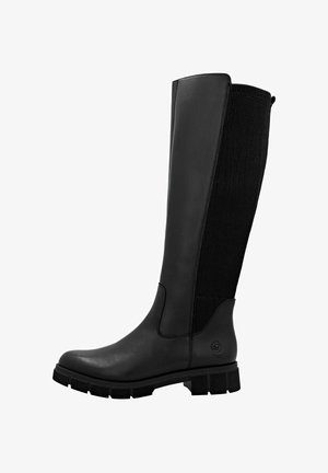 Schwarz kniehohe Stiefel mit einer glatten Lederfront und einem gerippten Textilrücken, ausgestattet mit einer robusten, profilierten Sohle und seitlichem Logo-Detail.