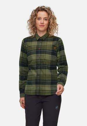 Groene en marineblauwe geruite overhemd met knopen, lange mouwen, kraag, borstzak en bruine knopen; zacht stof met een gestructureerde uitstraling.