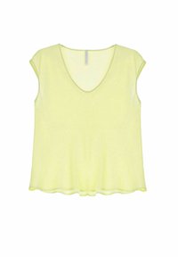 Top giallo chiaro con scollatura a V, maniche corte e una texture fluida, leggermente trasparente. L'orlo è morbido e arrotondato.