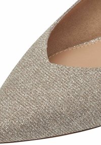 Pointed-toe shoe in metallic beige fabric, featuring a textured surface and v-cut design, with a smooth leather interior.