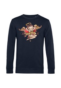 Felpa a maniche lunghe blu navy con un'illustrazione colorata di un personaggio con ali, alone e un banner che recita "Lil' Angel."