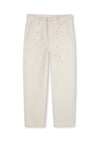 Lichtbeige denim broeken met kleurrijke stippenprints, roze stiksels, een knoopsluiting en een standaard vijf-pocket ontwerp.