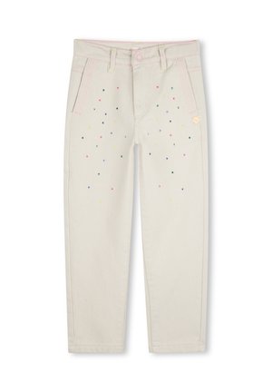 Lichtbeige denim broeken met kleurrijke stippenprints, roze stiksels, een knoopsluiting en een standaard vijf-pocket ontwerp.