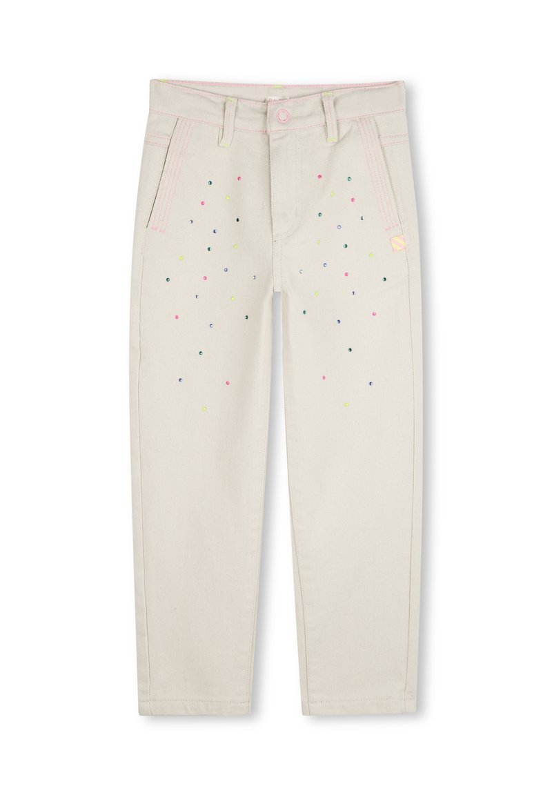 Lichtbeige denim broeken met kleurrijke stippenprints, roze stiksels, een knoopsluiting en een standaard vijf-pocket ontwerp.