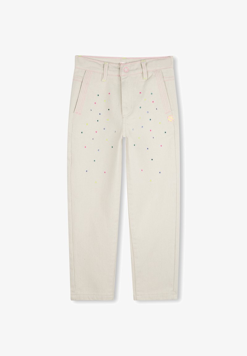 Lichtbeige denim broeken met kleurrijke stippenprints, roze stiksels, een knoopsluiting en een standaard vijf-pocket ontwerp.