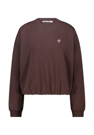Bruine cropped sweatshirt met ronde hals, geribde manchetten en tailleband. Heeft een klein wit logo op de borst. Gladde katoenen stof.