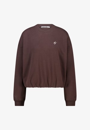 Sudadera corta marrón con cuello redondo, puños y cintura acanalados. Presenta un pequeño logo blanco en el pecho. Material de algodón suave.