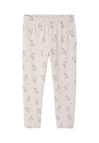 Light pink children's leggings with multicolored unicorn, rainbow, star, and cloud patterns, featuring an elastic waistband.