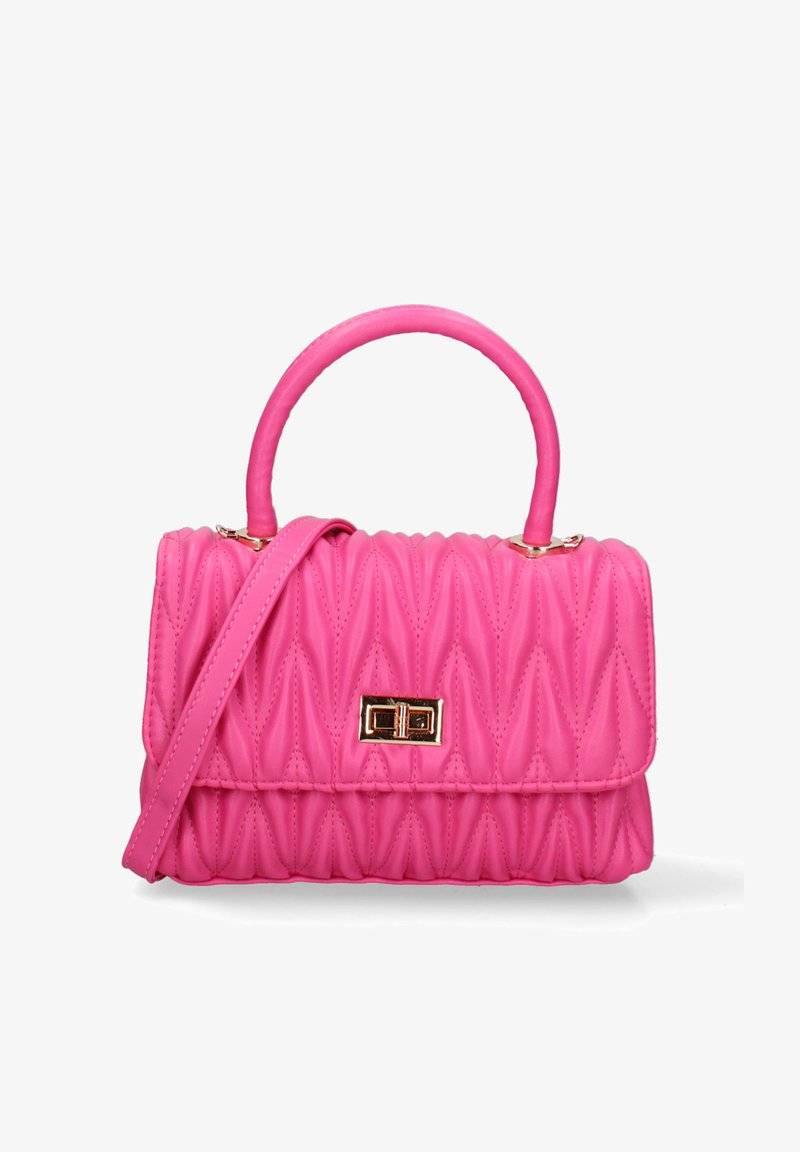 Sac à main rose matelassé en matériau synthétique, avec une poignée supérieure, une bandoulière amovible et des garnitures dorées.