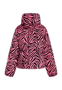 Giacca puffer con stampa a zebra rosa e nera, dotata di un alto colletto, con texture trapuntata e polsini elasticizzati. Vestibilità rilassata, cuciture visibili.