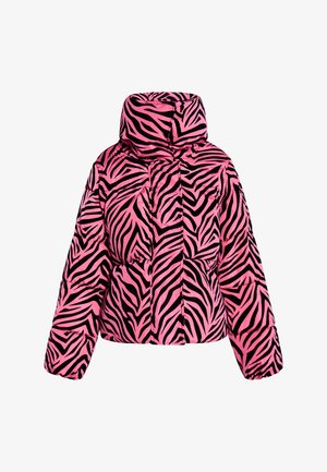 Pink and black zebra print puffer jacket with a high collar, featuring quilted texture and elastic cuffs. Relaxed fit, visible seams.