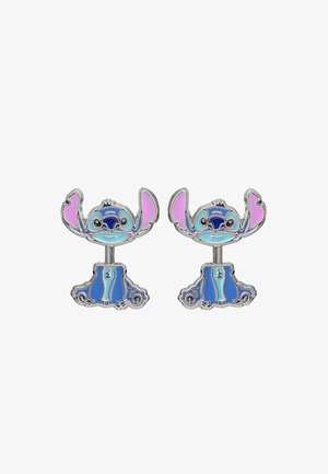 Boucles d'oreilles en émail bleu et rose mettant en avant un personnage de dessin animé avec de grandes oreilles, entouré d'argent, présentant un design ludique et une forme arrondie.