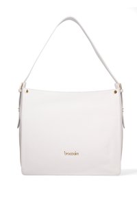 Borsa a spalla in pelle bianca con una texture liscia, dettagli in metallo dorato e un logo stampato nella parte inferiore. Presenta una tracolla singola, larga.