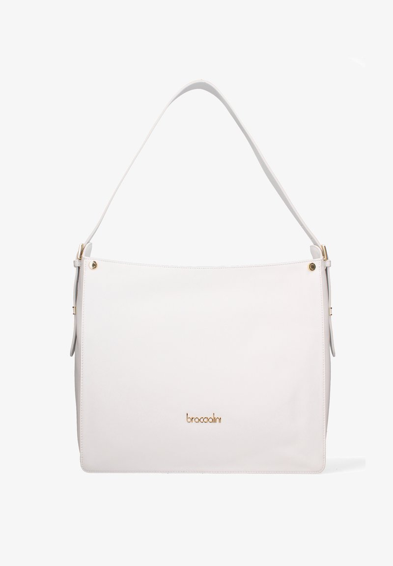 Borsa a spalla in pelle bianca con una texture liscia, dettagli in metallo dorato e un logo stampato nella parte inferiore. Presenta una tracolla singola, larga.