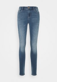 Jeans ajustados de denim azul, con un lavado desgastado, un sutil desgastado y un diseño clásico de cinco bolsillos con un cierre de botón metálico.