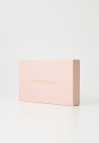 Scatola di cartone rosa con una texture liscia e un logo dorato "COCCINELLE" sulla parte anteriore; design rettangolare con un top piatto.