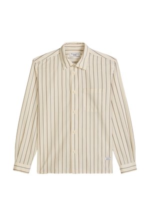 Cream-colored long-sleeve button-up shirt with thin vertical brown stripes and a chest pocket on the left side.