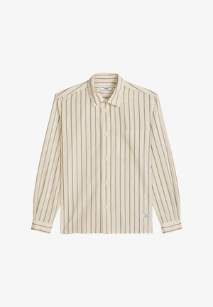 Crèmekleurig overhemd met lange mouwen, knopen aan de voorkant, dunne verticale bruine strepen en een borstzak aan de linkerkant.