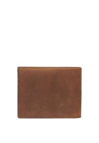 Cartera de cuero marrón con una textura suave, forma rectangular y bordes limpios. Sin hardware ni patrones visibles.