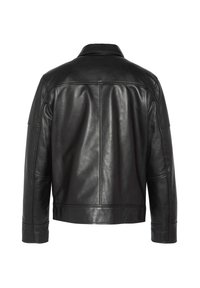 Zwarte leren jas met een kraag, strakke lijnen en een rechte snit. Heeft geen zichtbare metalen onderdelen of decoratieve elementen. Gladde textuur.