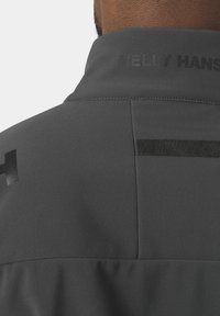 Cuello trasero de una chaqueta gris oscuro con el texto "HELLY HANSEN" y un detalle de una cinta de tela negra horizontal.