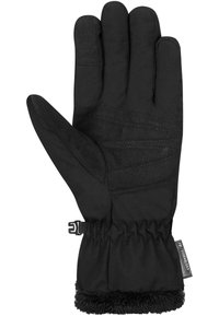 Black winter glove with a textured palm and reinforced fingers. Features an elastic cuff and a faux fur lining for warmth.