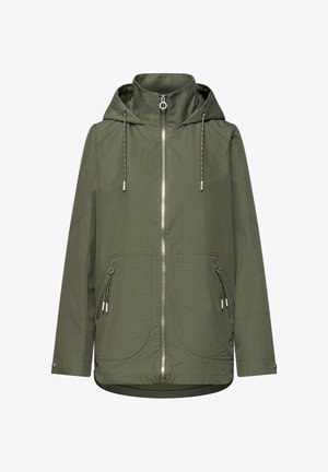 Zielona oliwkowa kurtka z kapturem, zapinana na suwak z przodu, z regulowanymi sznurkami, dwoma kieszeniami na suwak oraz mankietami zapinanymi na zatrzaski.