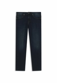 Vaqueros de mezclilla azul oscuro con un corte recto, diseño de cinco bolsillos y detalles de costura sutiles. Acabado limpio sin desgaste visible.