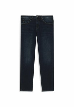 Dunkelblaue Denim-Jeans mit geradem Bein, Fünf-Taschen-Design und dezenten Nähten. Sauberer Abschluss ohne sichtbare Abnutzung.