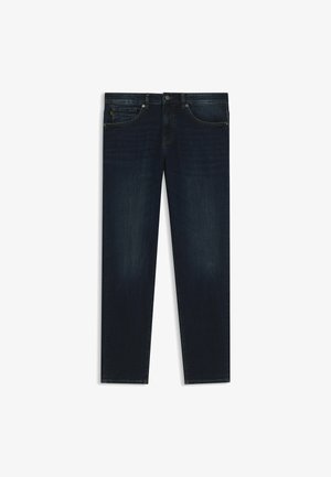 Dunkelblaue Denim-Jeans mit geradem Bein, Fünf-Taschen-Design und dezenten Nähten. Sauberer Abschluss ohne sichtbare Abnutzung.