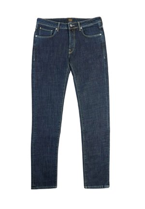 Jeans de mezclilla azul oscuro con corte ajustado, que cuentan con cinco bolsillos, cremallera y detalles de costura dorada en las costuras.
