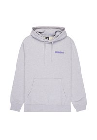 Sudadera con capucha gris con un bolsillo delantero, cordones ajustables y el logo "ELEMENT" en púrpura en el pecho. Tejido suave, mezcla de algodón.