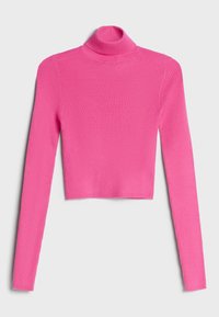 Tajt turtleneck-tröja i klar rosa, ribbat mönster, lång ärm, kort design, mjukt tyg, slät finish.