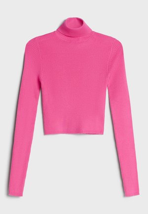 Enganliegender Rollkragenpullover in leuchtendem Pink, gerippte Struktur, lange Ärmel, cropped Design, weicher Stoff, glatte Oberfläche.
