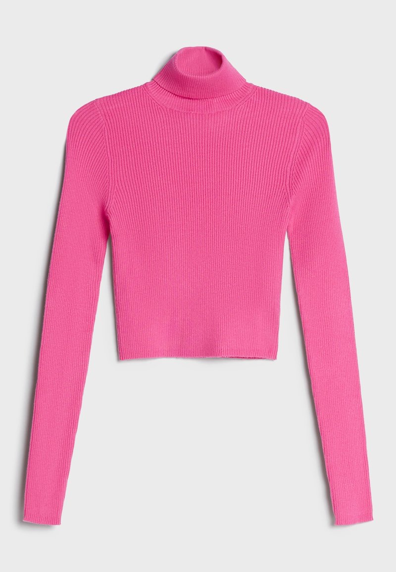 Tajt turtleneck-tröja i klar rosa, ribbat mönster, lång ärm, kort design, mjukt tyg, slät finish.