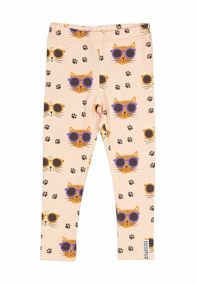 Leggings i mjuk rosa tyg med ett upprepat mönster av tecknade katter med solglasögon och tassavtryck. Elastisk midja, figurnära passform.