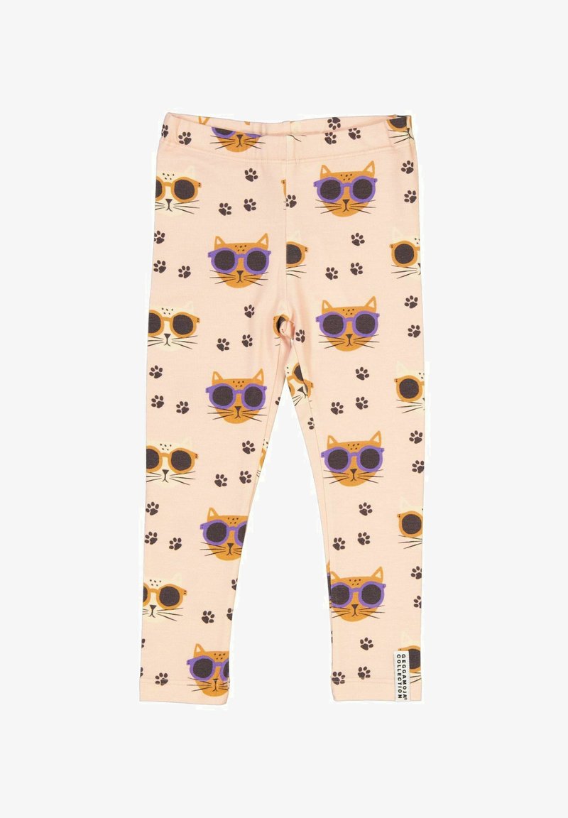 Leggings aus weichem pinkem Stoff mit einem wiederholten Muster von Cartoon-Katzen mit Sonnenbrillen und Pfotenabdrücken. Elastischer Bund, enganliegende Form.