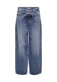 Jeans en denim bleu clair, à jambes larges, avec un lien à la taille. Dispose d'un style classique à cinq poches et d'une texture légèrement abîmée.