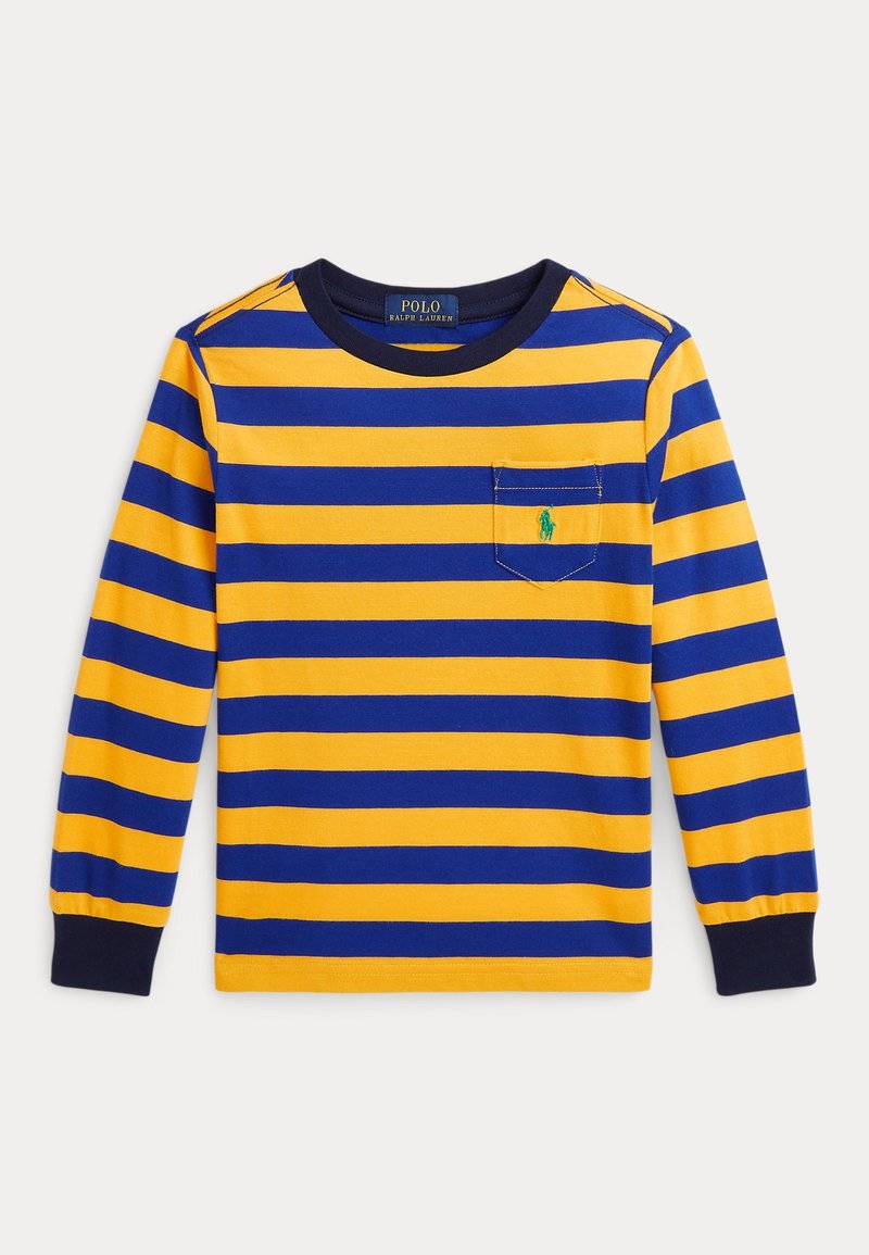 Camiseta de manga larga a rayas horizontales amarillas y azules. Cuenta con un bolsillo en el pecho con un logo verde. Material de algodón con puños acanalados.