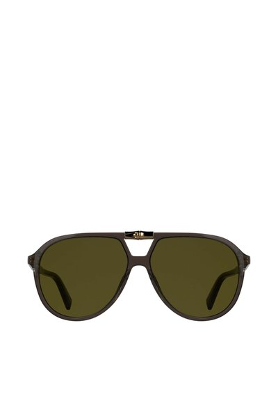 Lunettes de soleil aviateur avec verres vert foncé, monture métallique fine marron foncé et accent doré au pont central ; design élégant et contemporain.