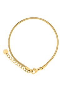 Bracelet en chaîne serpent en or avec une finition texturée, doté d'un fermoir et d'une chaîne ajustable avec un détail de charme circulaire.